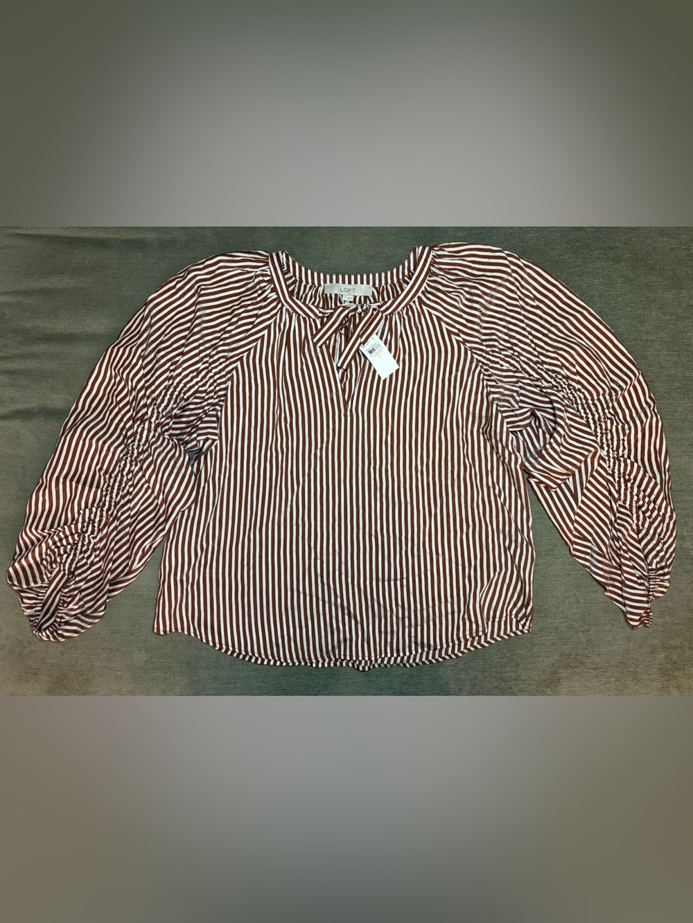 LOFT Brown and White Striped Peasant Tie-Neck Blouse